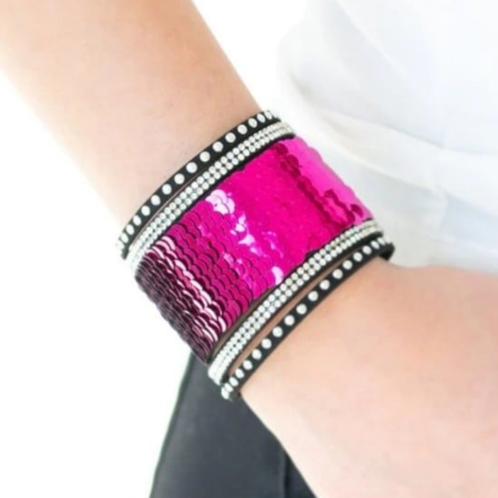 MERMAIDS HAVE MORE FUN Pink Silver Wide Sequin Snap Bracelet NEW Paparazzi